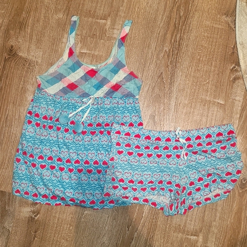 Candie's Girls/women's Pajama Set - Blue and Pink Hearts M